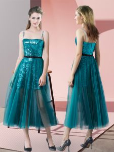 Amazing Teal Tulle Zipper Homecoming Dress Sleeveless Tea Length Sequins