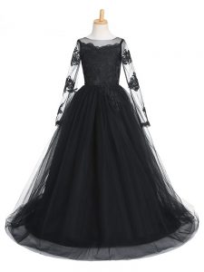 Black Long Sleeves Tulle Brush Train Clasp Handle Pageant Dress Toddler for Wedding Party