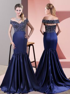 Nice Mermaid Sleeveless Blue Prom Evening Gown Sweep Train Zipper