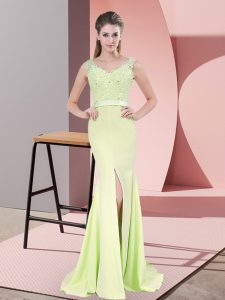 Modern V-neck Sleeveless Prom Gown Sweep Train Beading and Lace Yellow Green Chiffon