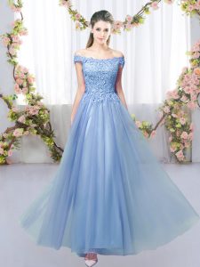 Simple Floor Length Lace Up Damas Dress Blue for Prom and Party and Wedding Party with Lace