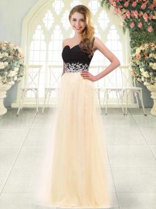 Champagne Empire Sweetheart Sleeveless Tulle Floor Length Zipper Appliques Prom Gown