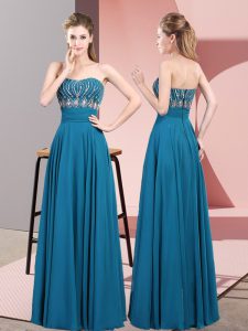 Beading Dress for Prom Blue Lace Up Sleeveless Floor Length