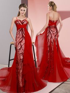 Red Sleeveless Satin Sweep Train Lace Up Prom Dress for Prom and Party