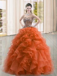 Ideal Rust Red Sleeveless Organza Lace Up Quinceanera Dress for Military Ball and Sweet 16 and Quinceanera