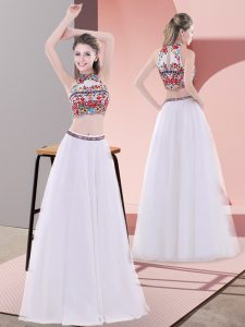 Exquisite White Tulle Lace Up Evening Dress Sleeveless Floor Length Embroidery