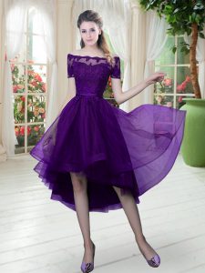 Clearance Short Sleeves High Low Lace Lace Up Dress for Prom with Purple