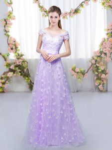 Chic Floor Length Lavender Wedding Party Dress Off The Shoulder Cap Sleeves Lace Up