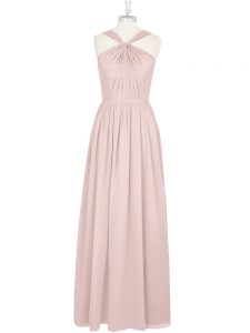 Suitable Pink Chiffon Zipper Halter Top Sleeveless Floor Length Prom Dress Pleated