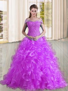 Suitable Purple Sweet 16 Dress Off The Shoulder Sleeveless Sweep Train Lace Up