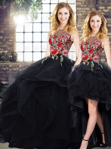 Classical Bateau Sleeveless 15th Birthday Dress Floor Length Beading and Embroidery Black Tulle