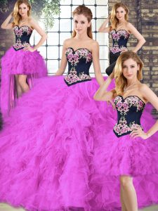 Fuchsia Lace Up Quinceanera Gowns Beading and Embroidery Sleeveless Floor Length