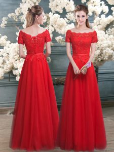 Lace Evening Dress Red Lace Up Short Sleeves Floor Length