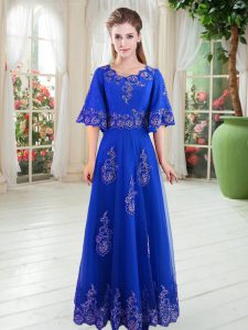 Scoop Half Sleeves Going Out Dresses Floor Length Lace Royal Blue Tulle