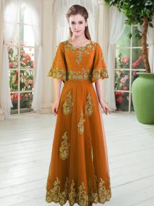 Floor Length Orange Dress for Prom Scalloped Half Sleeves Lace Up