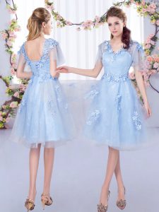 Fitting Light Blue Lace Up Bridesmaid Dresses Appliques Short Sleeves Knee Length