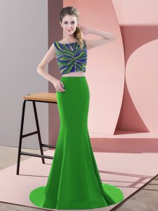 Ideal Green Prom Party Dress Prom and Party with Beading and Pick Ups Scoop Sleeveless Sweep Train Backless