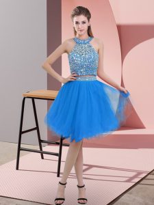 Smart Blue Two Pieces Beading Backless Organza Sleeveless Knee Length