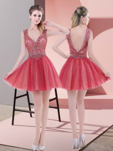 Pretty Watermelon Red A-line Beading Prom Gown Backless Tulle Sleeveless Mini Length