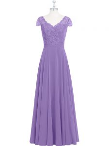 Lavender Empire Lace Prom Evening Gown Zipper Chiffon Cap Sleeves Floor Length