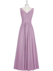 Purple A-line V-neck Sleeveless Chiffon Floor Length Zipper Ruching Homecoming Dress
