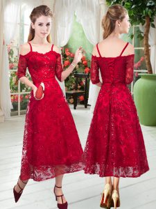 Eye-catching Half Sleeves Tea Length Zipper Prom Dress in Red with Lace