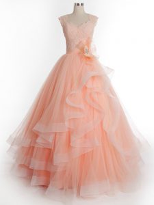 Fantastic A-line Sweet 16 Dresses Peach Straps Tulle Sleeveless Floor Length Lace Up