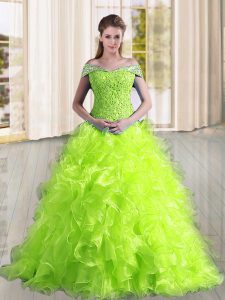 Custom Fit Lace Up Sweet 16 Dress Yellow Green for Military Ball and Sweet 16 and Quinceanera with Beading and Lace and Ruffles Sweep Train
