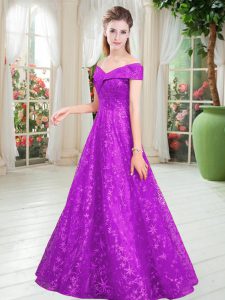 Purple A-line Lace Off The Shoulder Sleeveless Beading Floor Length Lace Up Dress for Prom