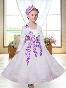 Romantic Lace Sleeveless Ankle Length Flower Girl Dresses and Embroidery