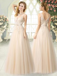 Champagne Sleeveless Floor Length Appliques Zipper Prom Party Dress