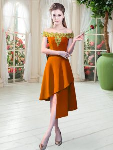 Edgy Orange A-line Off The Shoulder Sleeveless Satin Asymmetrical Zipper Appliques Prom Dress