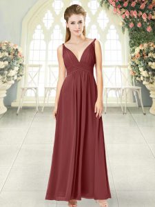 Unique Wine Red Dress for Prom Prom and Party with Ruching V-neck Sleeveless Backless