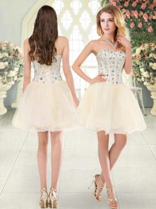 Beautiful Champagne Sleeveless Mini Length Beading Lace Up Prom Dresses