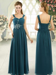 Floor Length Lace Up Homecoming Dress Teal for Prom and Party with Beading and Ruching