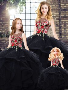 Modern Black Tulle Lace Up Bateau Sleeveless Floor Length Quinceanera Gowns Beading and Embroidery