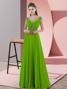 High End Green Empire Chiffon V-neck Sleeveless Beading Floor Length Backless Homecoming Dress