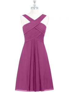 Fuchsia Sleeveless Knee Length Pleated Zipper Prom Evening Gown