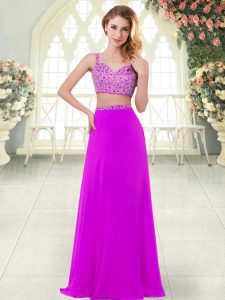 Suitable Sleeveless Chiffon Floor Length Zipper Homecoming Dress in Purple with Beading