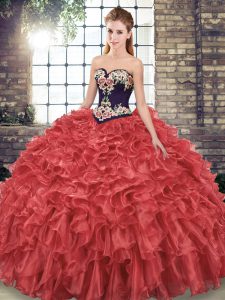 Stunning Red Ball Gowns Sweetheart Sleeveless Organza Sweep Train Lace Up Embroidery and Ruffles Sweet 16 Dresses