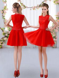 Trendy Red Bridesmaid Dresses Prom and Party and Wedding Party with Lace High-neck Sleeveless Zipper