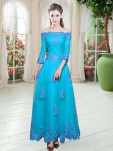 Perfect Off The Shoulder 3 4 Length Sleeve Prom Gown Floor Length Lace Blue Tulle