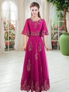 Beautiful Half Sleeves Tulle Floor Length Lace Up Evening Dress in Fuchsia with Lace