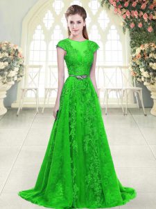 Green Cap Sleeves Beading and Lace and Pick Ups Zipper Prom Evening Gown