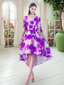 Half Sleeves Lace High Low Lace Up Prom Gown in White And Purple with Belt