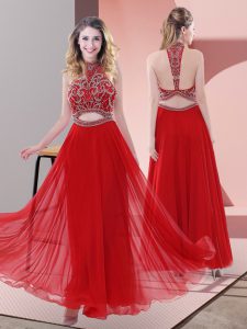Red Chiffon Backless Halter Top Sleeveless Ankle Length Beading