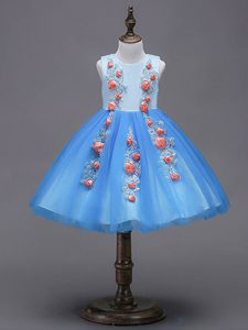 Graceful Blue Ball Gowns Tulle Scoop Sleeveless Hand Made Flower Mini Length Zipper Toddler Flower Girl Dress