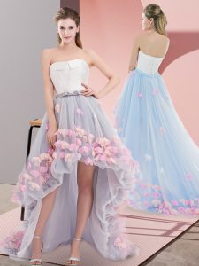 Grey Tulle Lace Up Strapless Sleeveless High Low Prom Gown Appliques