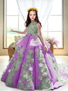 High-neck Sleeveless Court Train Backless Pageant Dress for Girls Lilac Satin
