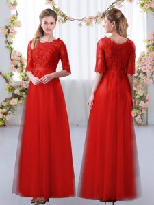 Nice Floor Length Zipper Wedding Guest Dresses Red for Prom and Party and Wedding Party with Lace
